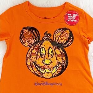 Halloween Disney World Girls Shirt Mickey Pumpkin Reversible Sequins Size XS New